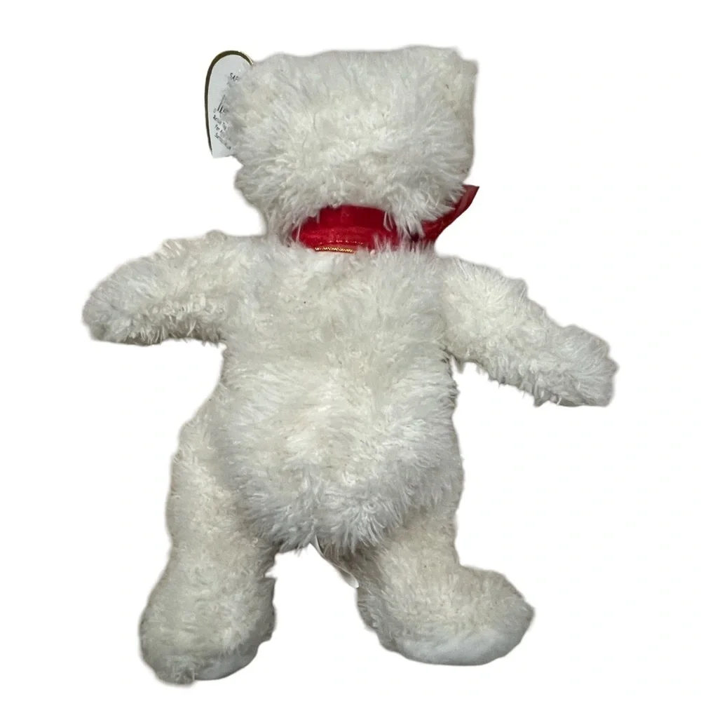 2004 HOLIDAY TEDDY TY Beanie Baby White Teddy Bear with Red Ribbon!